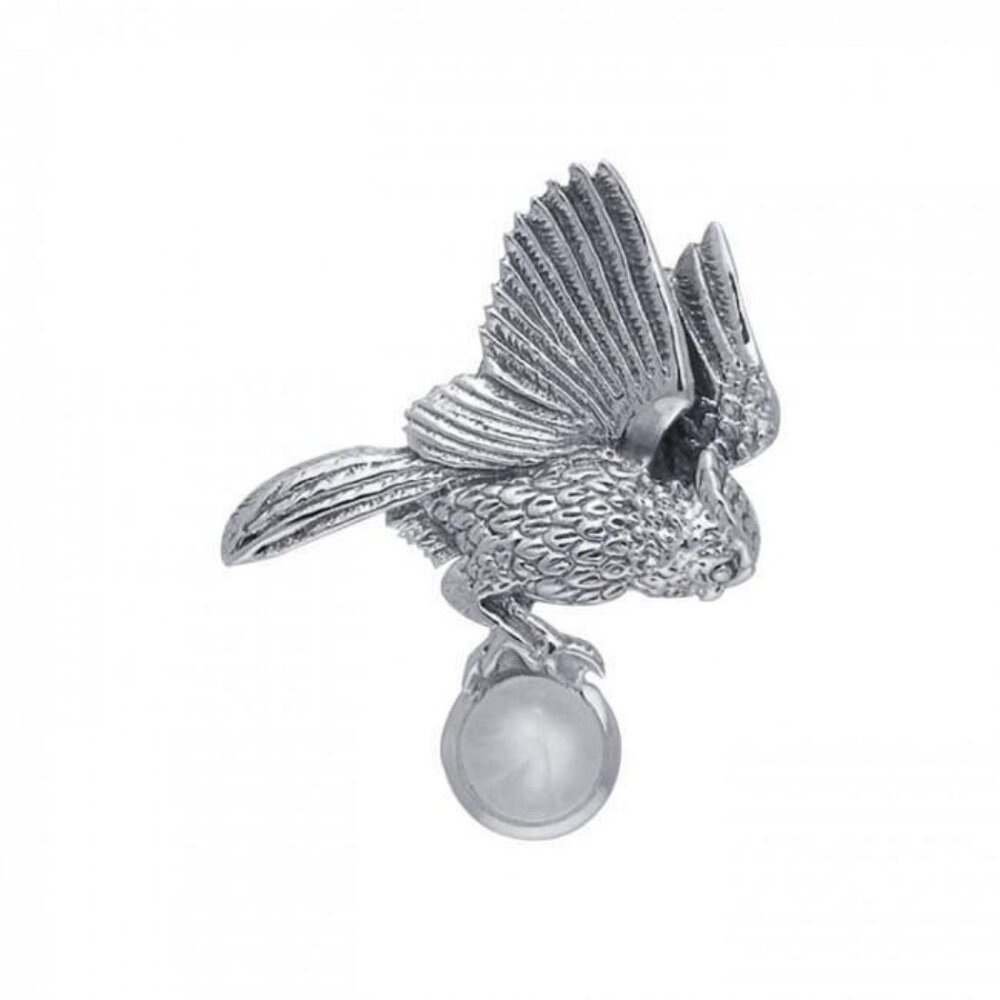 Owl in flight pendant .925 Sterling Silver w/ Rainbow Moonstone Peter Stone